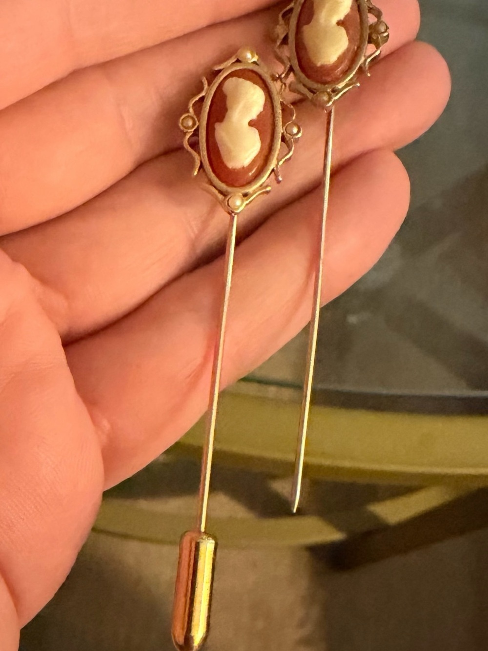Avon Gold-Tone Cameo Stick Pins with Cream and Brown Cameo